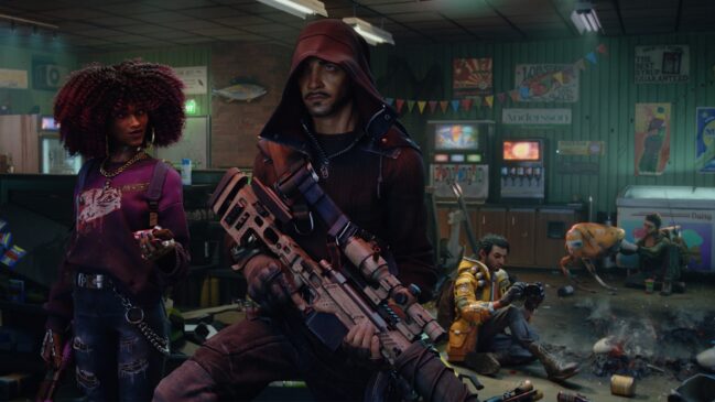 Bu resim, karanlık ve tehlikeli bir atmosferde geçen bir oyunun sahnesini anımsatıyor. Gökyüzü kırmızı bir renge bürünmüş ve gölgede kalmış bir şehir manzarası arka planda beliriyor. Şehrin sokakları ıssız ve sessiz, ancak belirgin bir tehdit hissi hakim. Görseldeki karakterler, silahları hazırda tutarak tehlike bekliyorlar. Ellerindeki yüksek teknolojili silahlar ve özel yetenekleri, onları birer kurtarıcıya dönüştürüyor. Farklı karakterlerin, kendilerine özgü giyim tarzları ve silahları, oyunun karakter çeşitliliğine ve kişiselleştirme imkanlarına işaret ediyor.